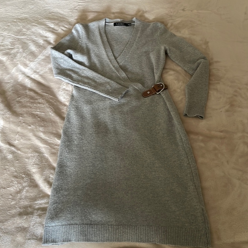 Lauren Ralph Lauren Light Gray Knit Wrap-Style Mini Dress